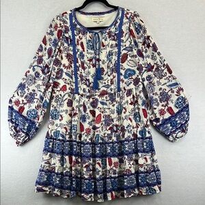 Penelope Rose Women’s Dress Sz M Cream/Blue/Red Rayon Tiered Skirt Boho EUC